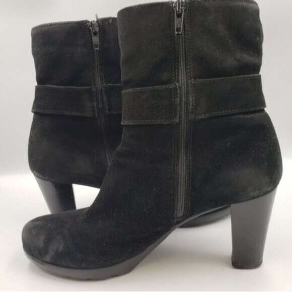 La Canadienne Black Suede Heeled Ankle Boots Size 8.5 Side Zip Treads Winter - Picture 9 of 14
